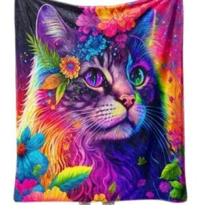 Cat Rainbow Colorful Flowers Kitten Kitty Flannel Blanket Plush Cozy Soft Throw